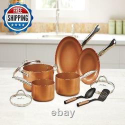 10 Piece Pots Pans Non Stick Cooking Copper Cookware Set Heavy Duty Kitchen Home