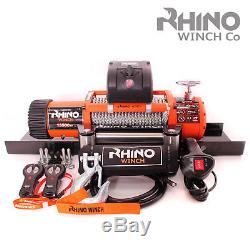 12v 13500lb Electric RHINO WINCH Heavy Duty 4x4 Recovery + Mounting Plate