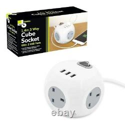 3 Way Electric Extension Lead Power Cube Socket with 3 USB Ports/1.4M