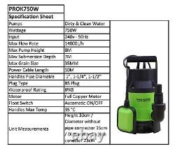 Pro-Kleen Submersible Water Pump 750W 20M Heavy Duty Hose Electric Clean & Dirty