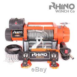 Rhino 12v 17500lb Heavy Duty Steel Cable, 4x4, Truck Electric Recovery Winch