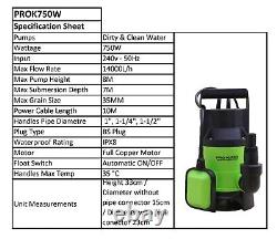 Submersible Water Pump Electric Dirty Clean Flood 750W with 20m Heavy Duty Hose