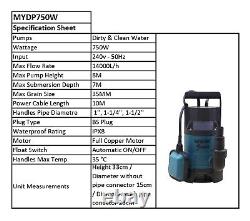 Submersible Water Pump Electric Dirty Clean Flood 750W with 5m Heavy Duty Hose